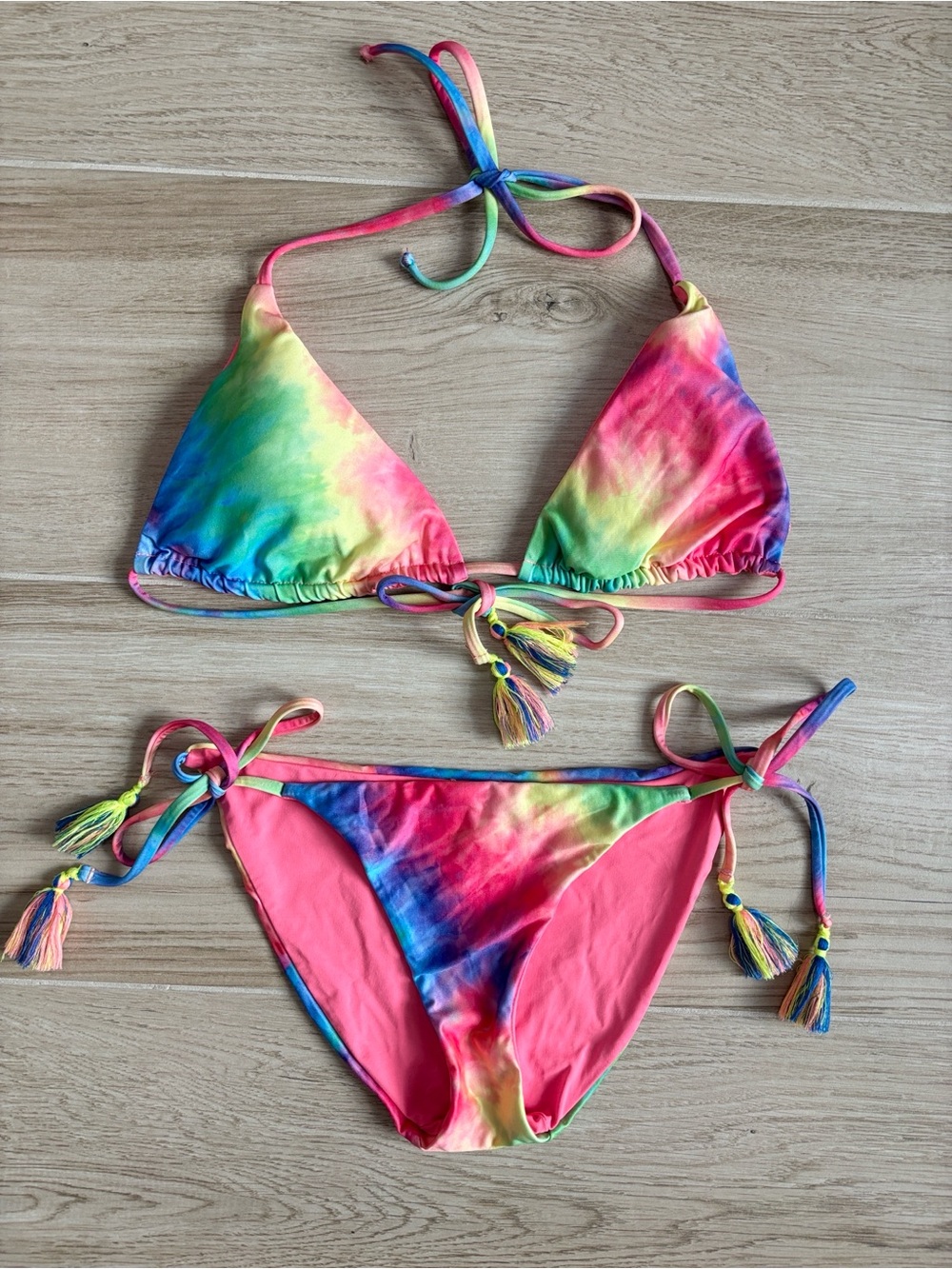 BECCA by Rebecca Virtue Rainbow Tie Dye Tassel String Bikini Swimsuit Women’s M